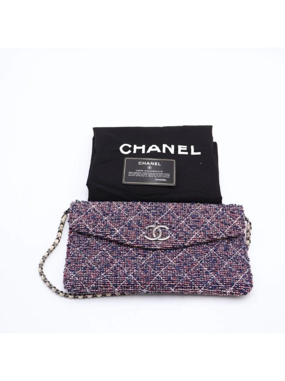 Chanel CC Logo Tweed Flap Silver 2-Way Chain Tote Shoulder Bag Ivory White